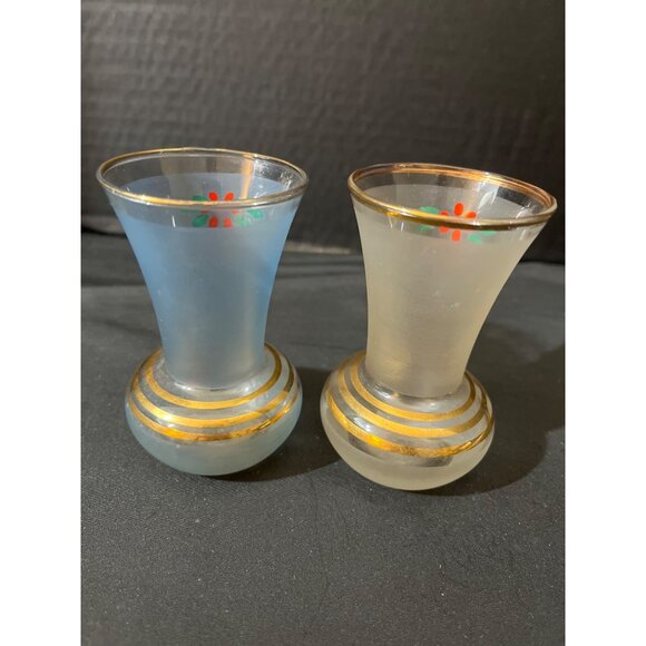 Hand Painted Bartlett Collin’s Bud Vases Gold Gilt Red Flowers Frosted Set of 2 - Picture 4 of 7